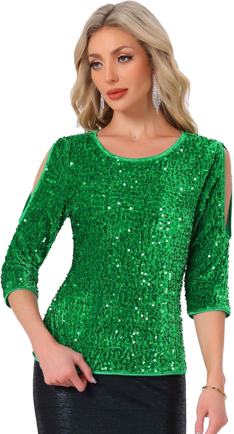 Allegra K Sparkle Sequin Velvet Tops for Women's Cut Out Half Sleeve Party Club Holiday Blouse