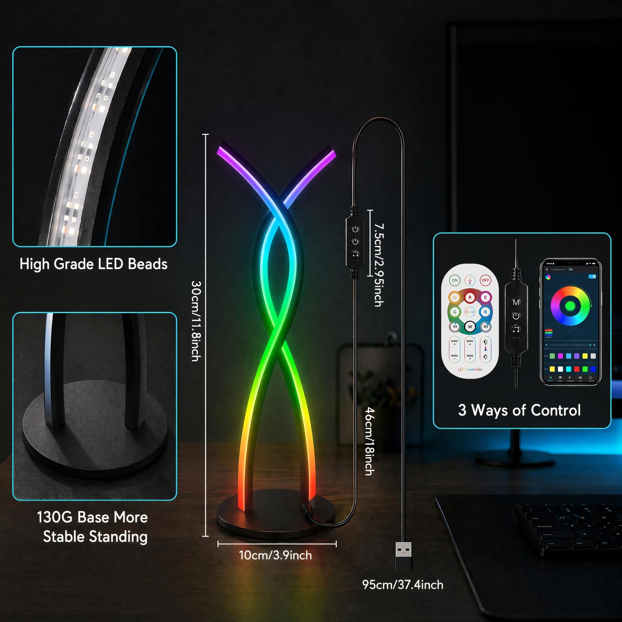 Lampada da tavolo moderna a LED a spirale, lampada da tavolo intelligente RGB con sincronizzazione musicale e controllo app, luce notturna che cambia colore fai da te, design unico USB 5 V, per