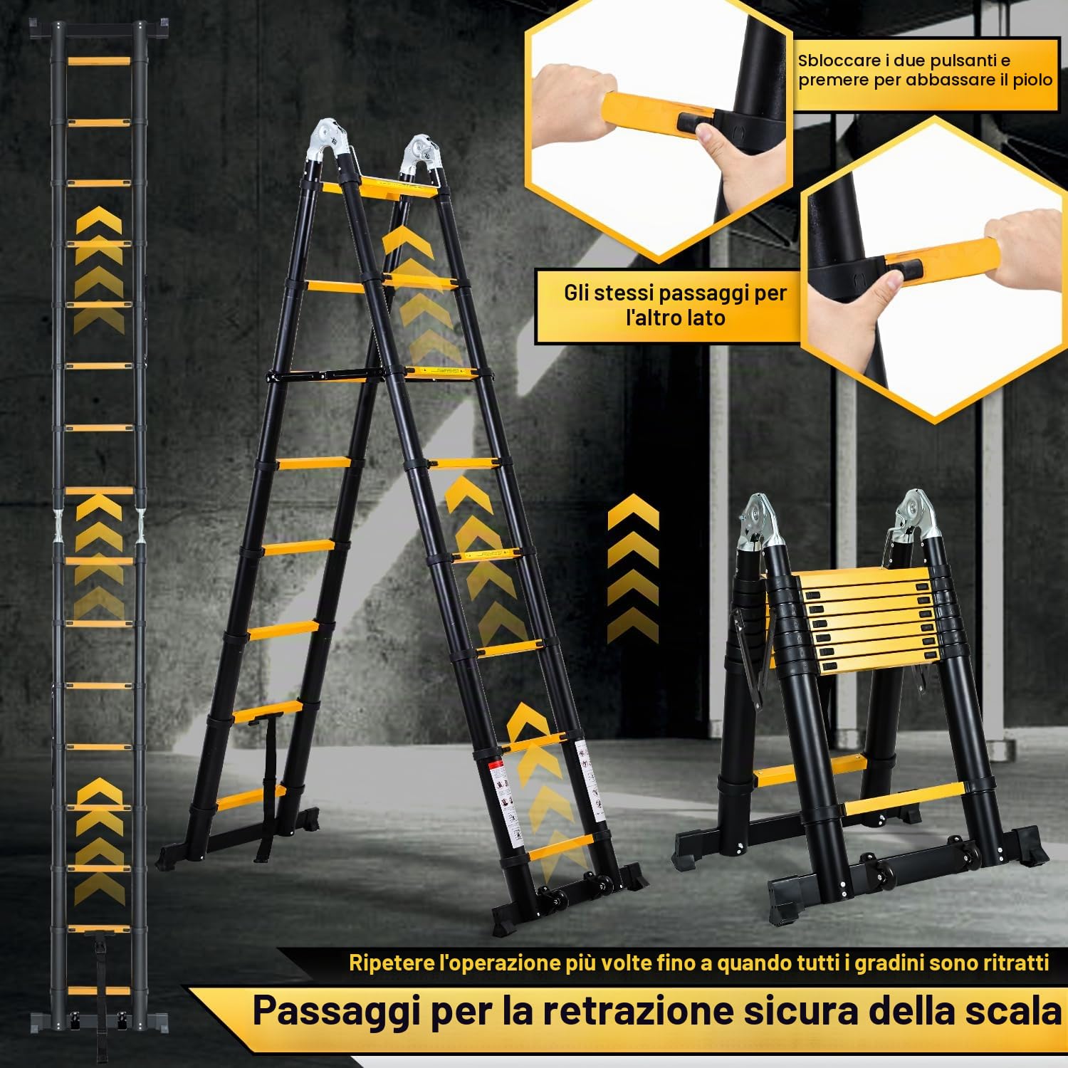Ikodm Scala telescopica pieghevole in alluminio 5 m, scala alluminio telescopica antiscivolo, scala multiuso in alluminio, portata 150 kg, colore nero e giallo