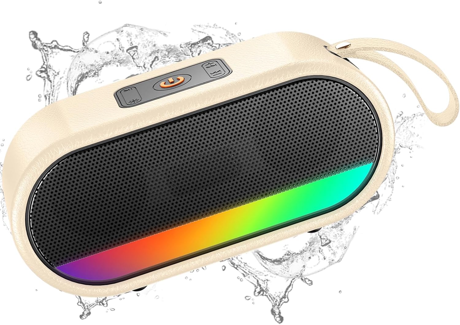 Bluetooth Speaker, Portable Wireless Bluetooth Speaker with Bass Boost, IPX6 Waterproof Speaker with LED Light, 10H Playtime, Hands-Free Call, Bluetooth 5.3 Outdoor Speaker for Party Travel, off white