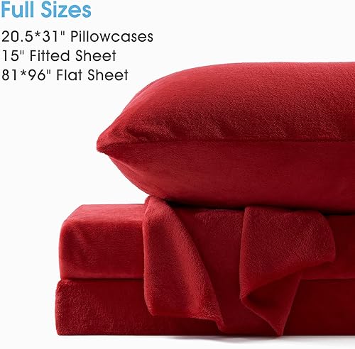 Miniatura 4 de BYSURE Sábanas de franela de doble cara (tamaño matrimonial, rojo), sábanas de microfibra aterciopelada de 4 piezas de 15 pulgadas, ropa de cama de