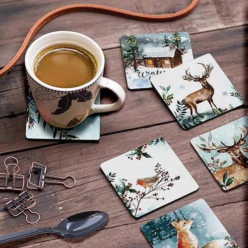 Miniatura 3 de Juego de 6 posavasos decorativos antideslizantes con base de corcho de 4 pulgadas, cuadrados impresos, fáciles de limpiar, Winter Wonderland