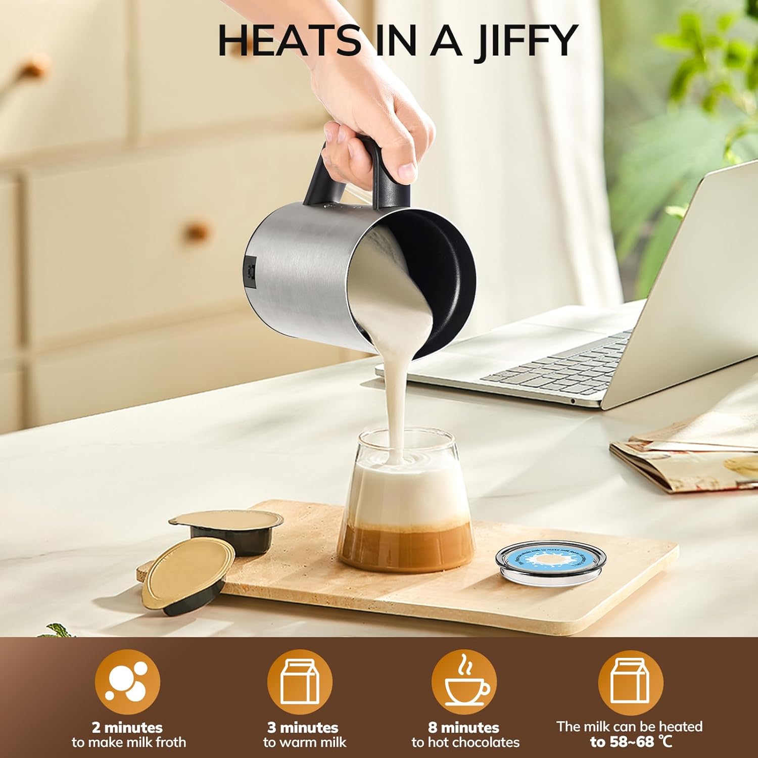 Infographic showing approximate times for different functions: 2 minutes for milk froth, 3 minutes to warm milk, 8 minutes for hot chocolates. Milk can be heated to 58-68°C.