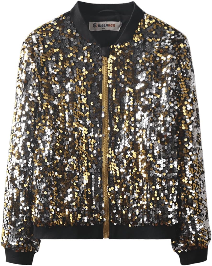 WELAKEN Girls Sequin Jacket Kids Toddler Sparkly Long Sleeve Zipper Bomber Jackets with Pockets