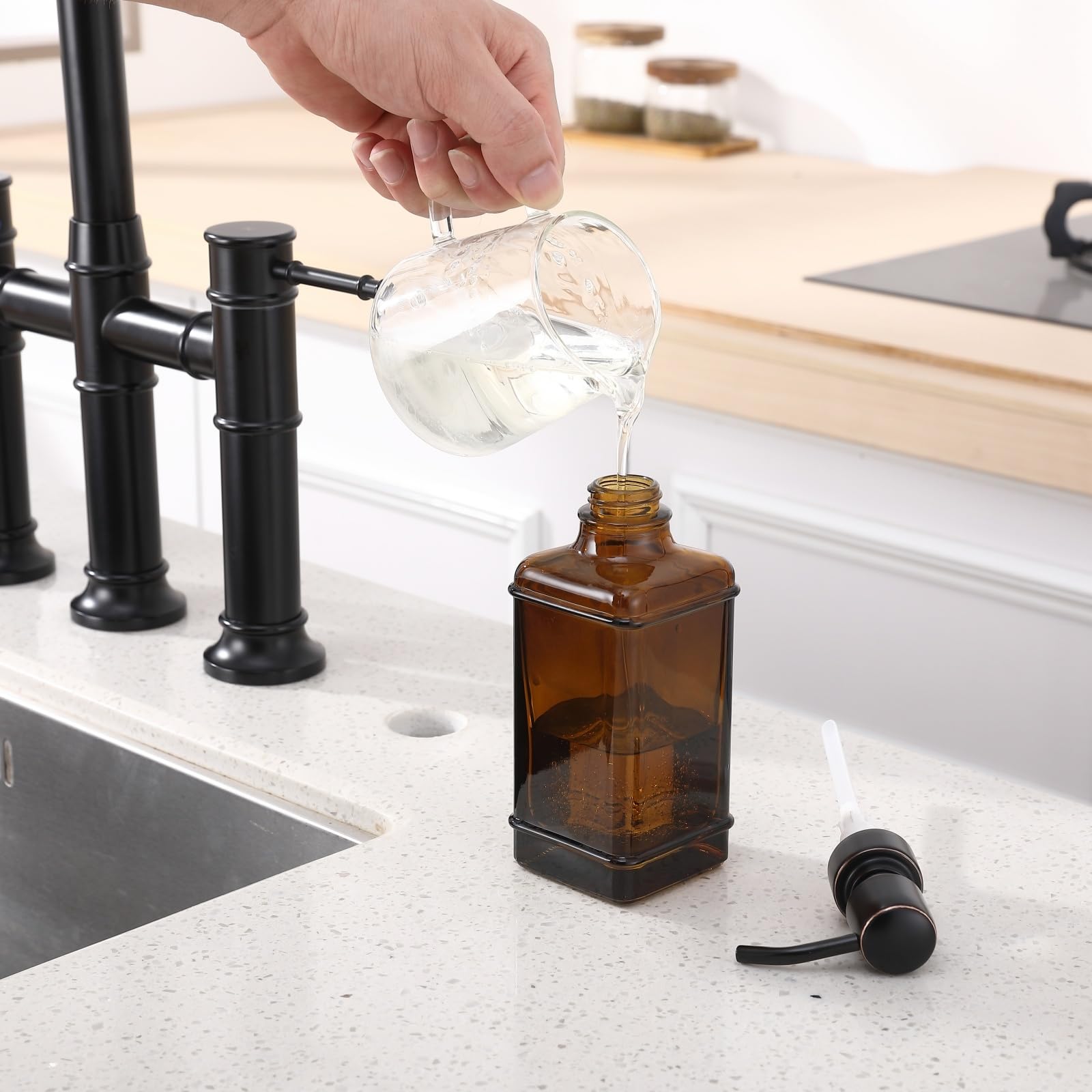 Dispenser di sapone per le mani, confezione da 2, con bottiglia di vetro ambrato spesso dal design antico, 325 ml, in acciaio inossidabile antiruggine 304, pompa in bronzo lucidato a olio, 6