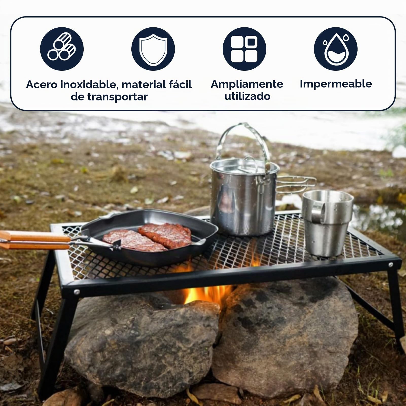 Barbacoa Plegable para Hoguera, Parrilla de Cocina Portátil y Resistente de Hierro para Hoguera, Placa de Cocina Portátil con Gran Superficie Antiadherente para Barbacoa al Aire Libre
