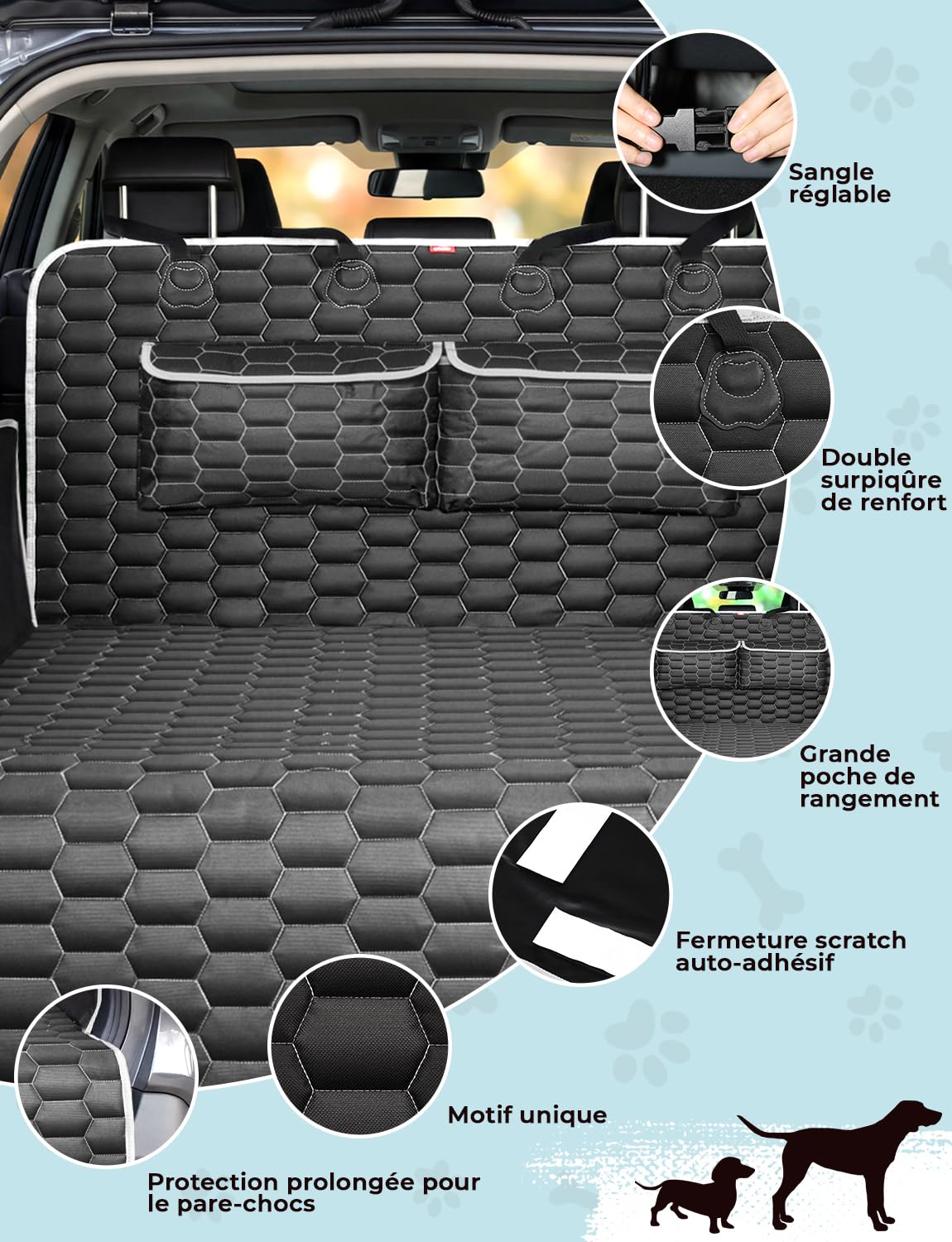 Oasser Protection Coffre Voiture Chien Housse de Protection Couverture de Coffre Imperméable et Antidérapant, 2 Grandes Poches, 185 x 102cm