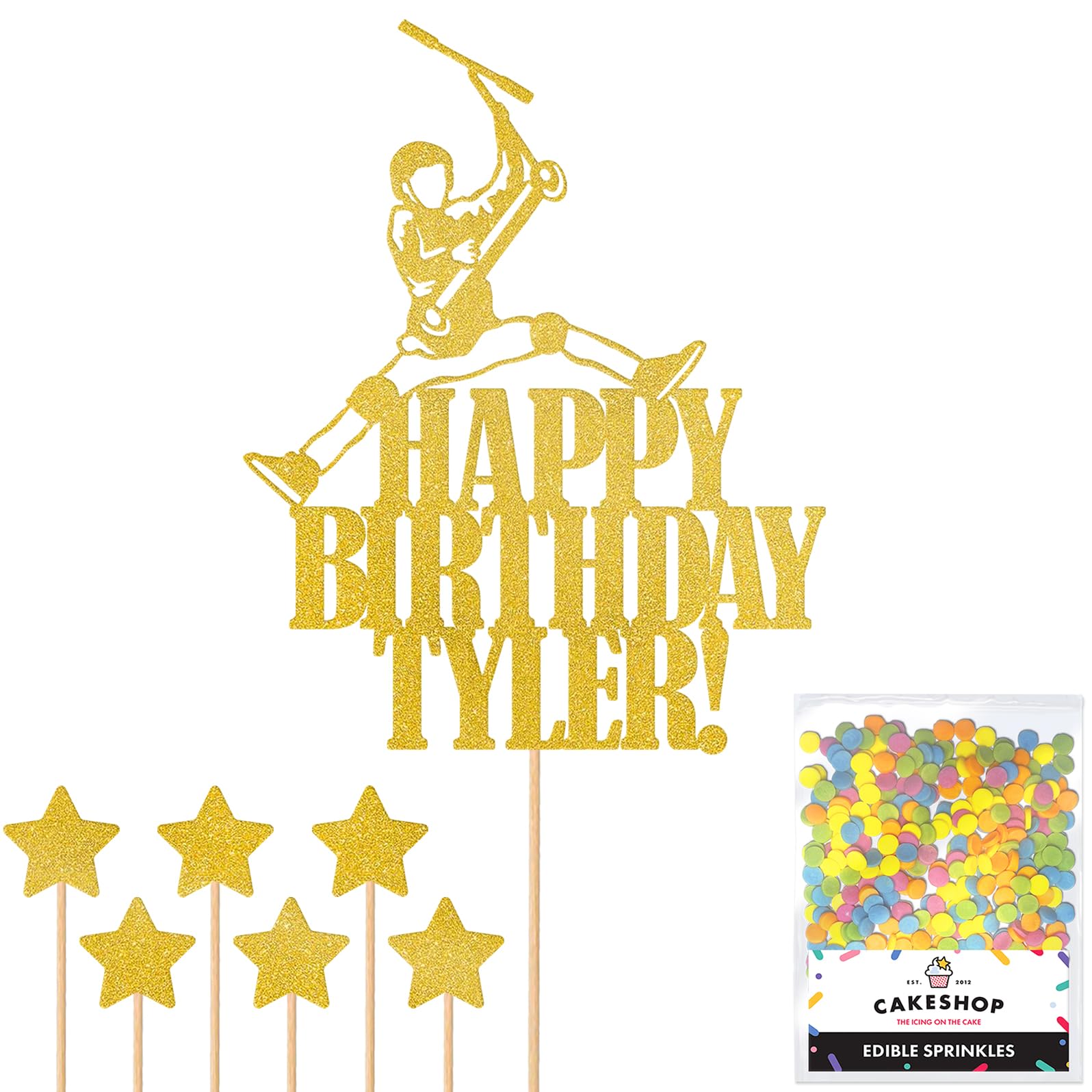 Personalised No Footer Trick Stunt Scooter Glitter Cake Topper - Gold Custom Name Glitter Cake Decoration and Sprinkles - Happy Birthday Decorations - Personalised Toppers for Cakes by Cakeshop