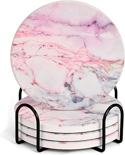 Miniatura 9 de Juego de 4 bonitos posavasos de escritorio rosa y dorado, posavasos de cerámica para bebidas de oficina para mujeres, decoración de mesa auxiliar