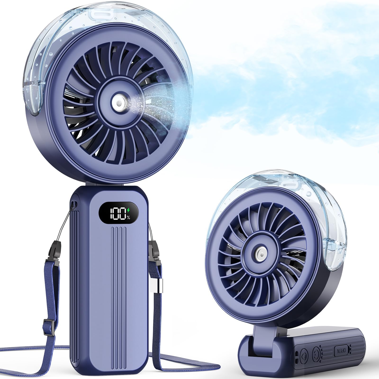 Otlonpe Handheld Misting Fan Portable, Powerful 4 High Speeds Rechargeable Small Hand Held Fan Water Mist, 4000mAh Battery Operated, Foldable, Lanyard, Personal Cooling for Travel Men Wome