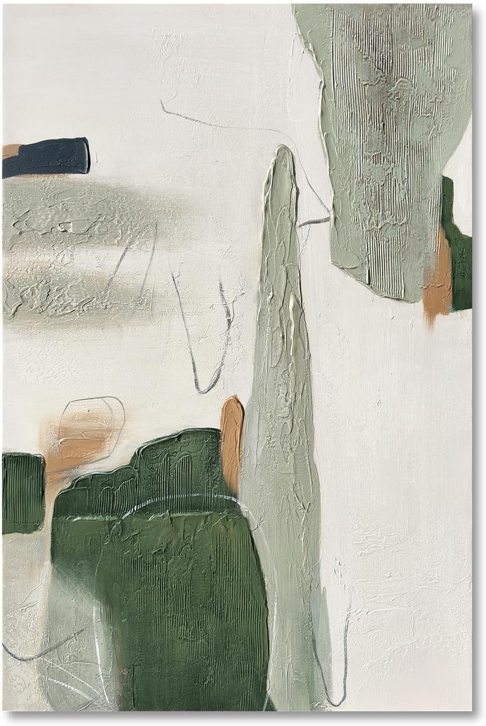 AntExpanse 100% Hand-Painted 3D Abstract Wall Art with Wooden Frame, 24 x 36 Inches Modern Textured Canvas Painting for Living Room, Bedroom, Office Wall Décor, Elegant Green and Minimalist Artwork