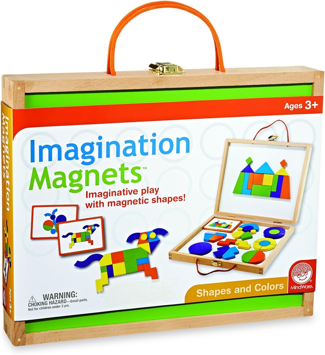 MindWare Imagination Magnets - Imaginative play with magentic shapes - 42 wooden blocks 50 full-color puzzle cards