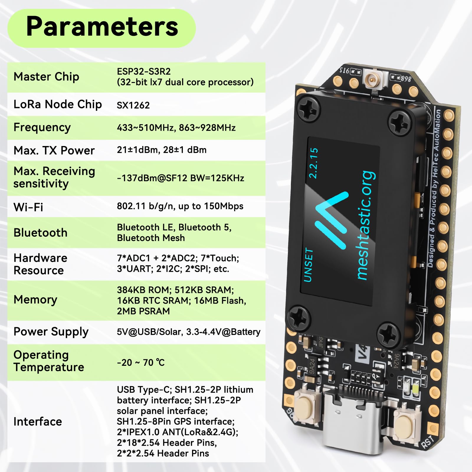 2 Set Scheda di sviluppo ESP32 LoRa V4 + Modulo GNSS L76 + Batteria 3000mAh + Custodia Verde, ESP32-S3 SX1262 LoRa WiFi Bluetooth 2MB PSRAM 16MB Flash Antenna 915MHz Supporto GPS Solare per Arduino