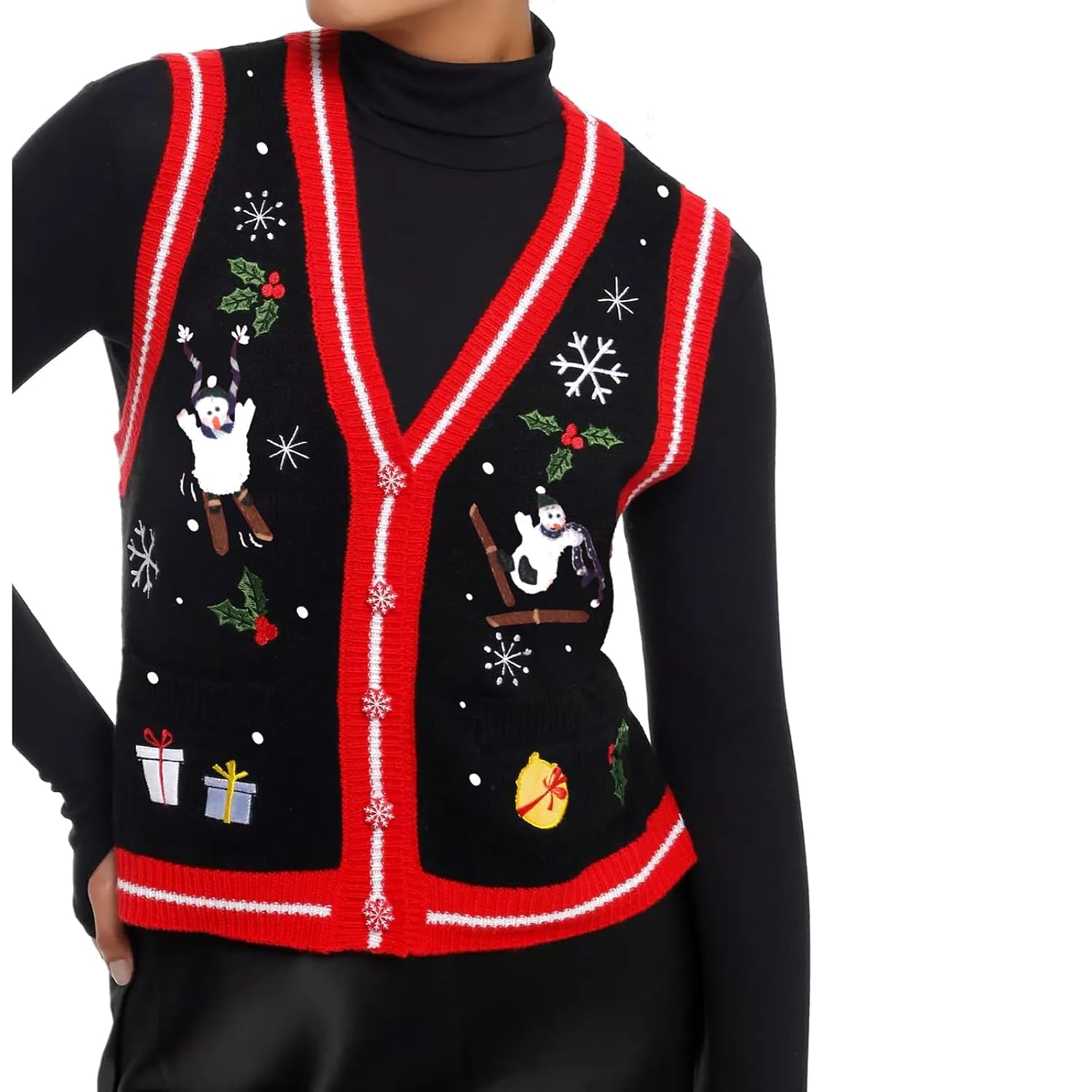 Owls-Yard Womens Christmas Vest Ugly Christmas Sweater Vest V Neck Button Up Knit Tank Tops Waistcoat Gilets Outwear