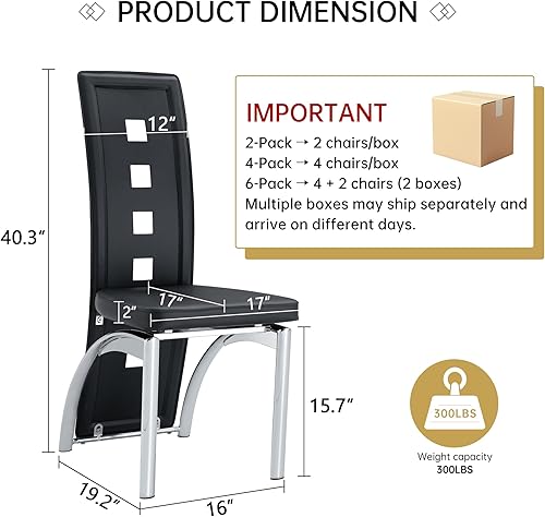Miniatura 3 de Juego de 4 sillas de comedor modernas, juego de sillas de comedor negras, sillas de cocina tapizadas de piel sintética con patas de metal plateado,