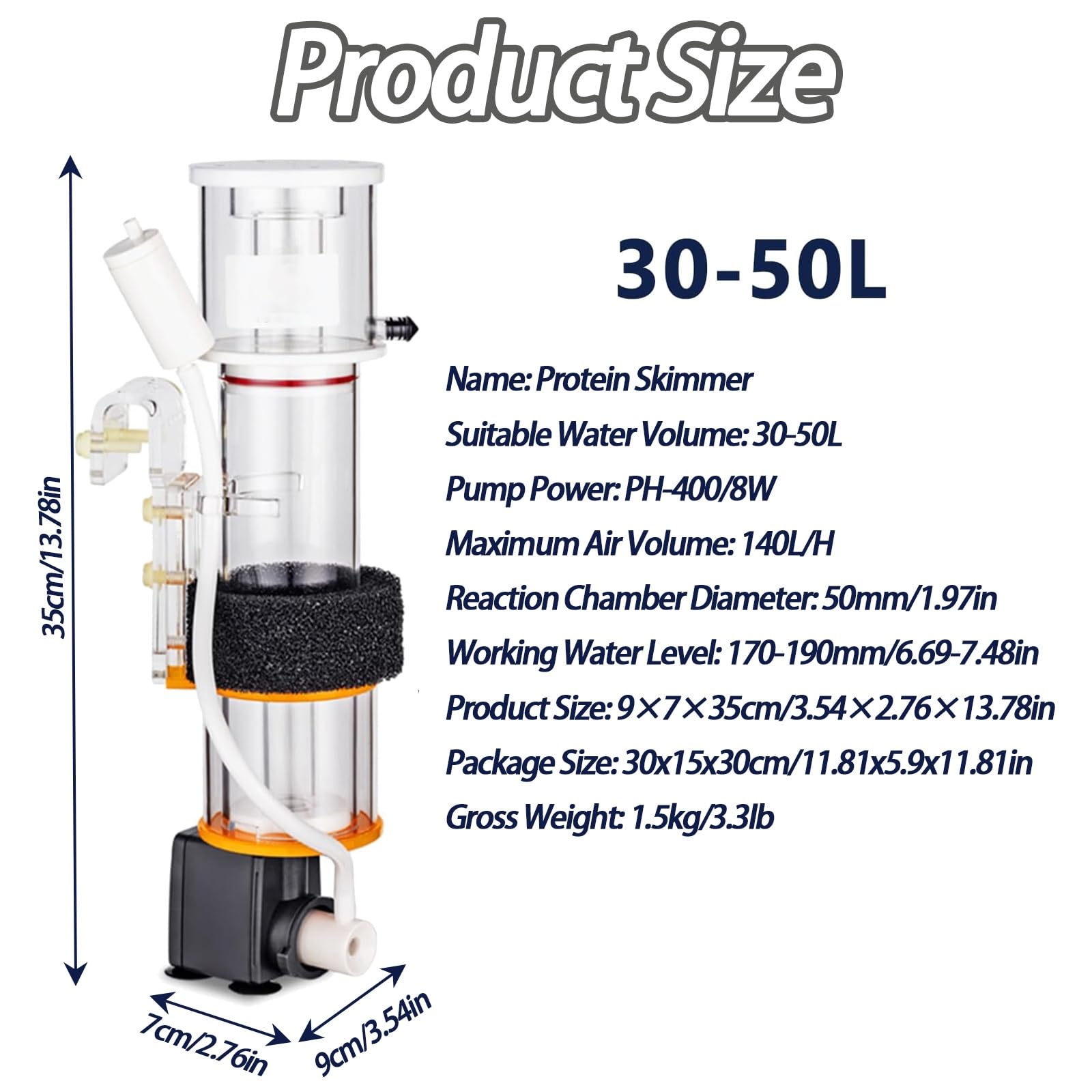 Skimmer interno de proteínas para acuarios de agua salada, potencia de bomba PH-400, entrada de aire 140 l/h, adecuado para peceras de 30-50 L y acuarios marinos