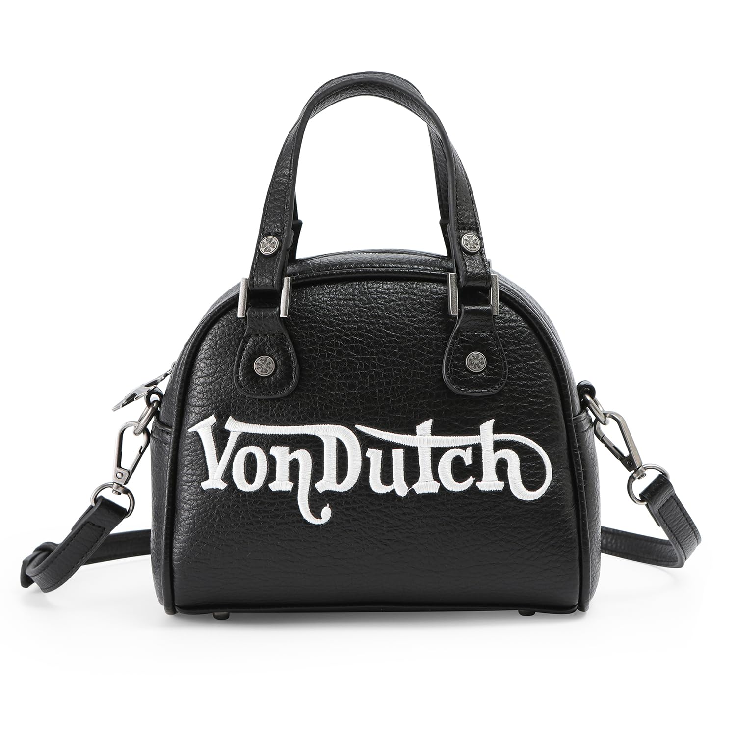 Von Dutch Bowling Bag Purse, Small Bag Crossbody Strap and Top Handles, 8" L x 7" H x 7.5" W, Y2K Purse (Black and White)