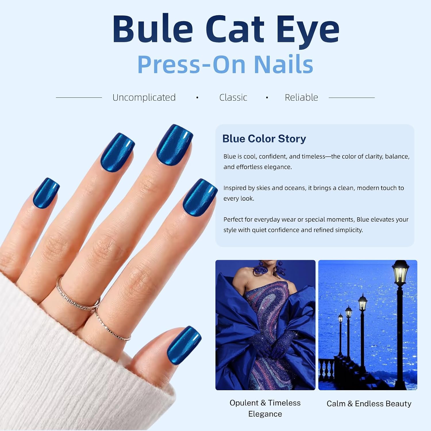 Blue Press On Nails, Glue On Nails Short Blue Cat Eye Fake Nails Gift For Women, Gifts for Summer Daily Wear Travel Reusable 30Pcs (Royal Blue)