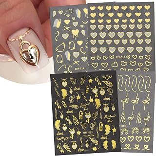 3D Gold Heart Sticker Valentine's Day Decoration - Bronzing Laser Words, Lock Keys, Angel Wings for Nail Art, Self-Adhesive, Designer Supplies
