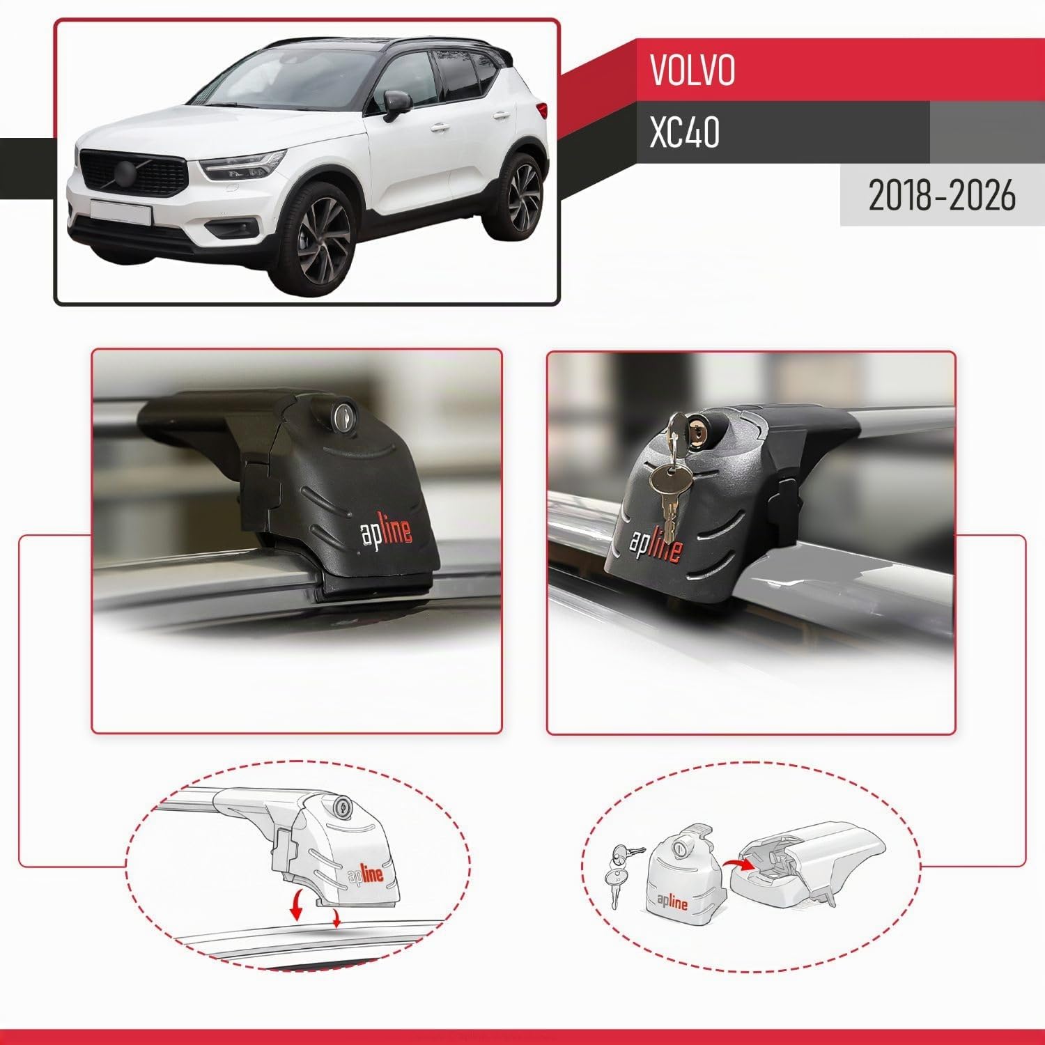 Compatible con Volvo XC40 2018-2026 Modelo Ace-2 Barra de Techo Auto Portaequipajes Barras Transversales Gris Aluminio 2 Barras
