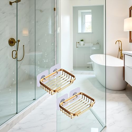 Miniatura 5 de 2 jaboneras doradas para ducha, estante de drenaje colgante creativo, soporte autoadhesivo para jabonera, estante de almacenamiento de jabonera, sin