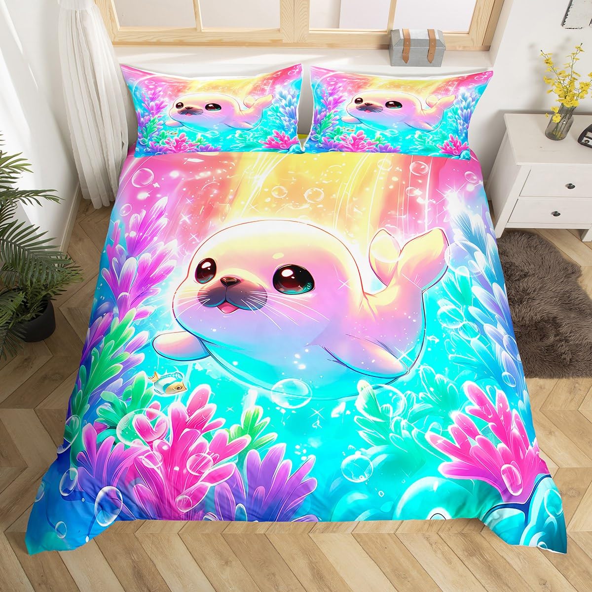 Homemissing Cute Seal Bedding Set Single Size Kids Fish Coral Duvet Cover for Boys Girls Ocean Sealife Rainbow Duvet Cover Soft Microfiber Room Decor（No Stuffing） — image 1