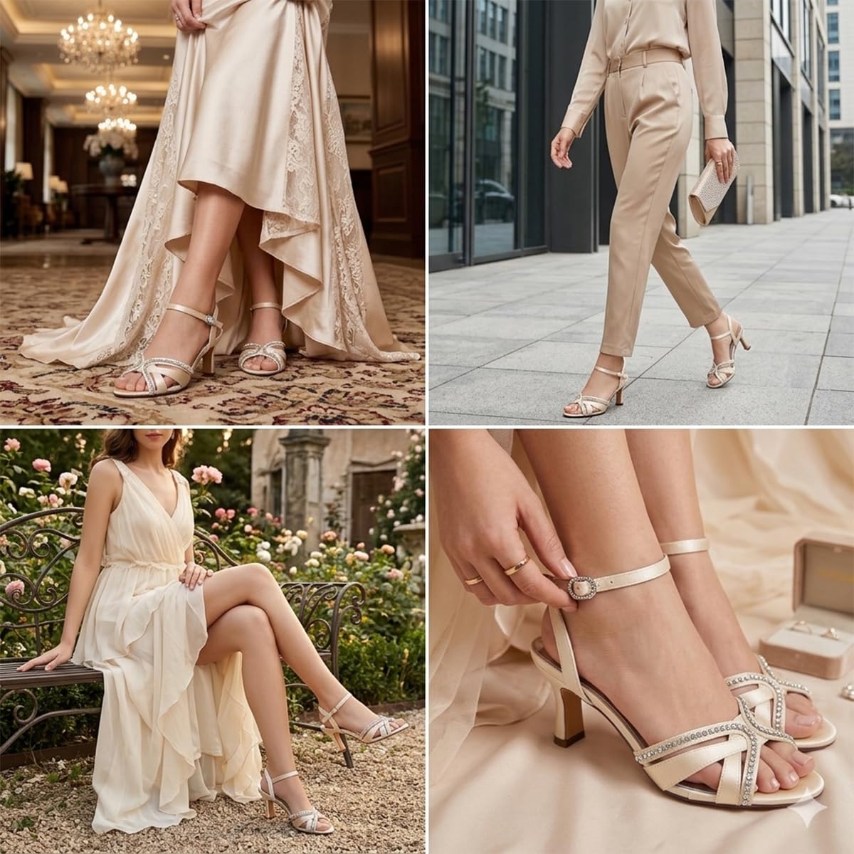 Ribete de Pedrería Sandalias Mujer de Tiras Cruzadas Satén Tacón Medio Boda Zapatos Tobilleros Calzado Nupcial Fiesta Peep Toe Elegante