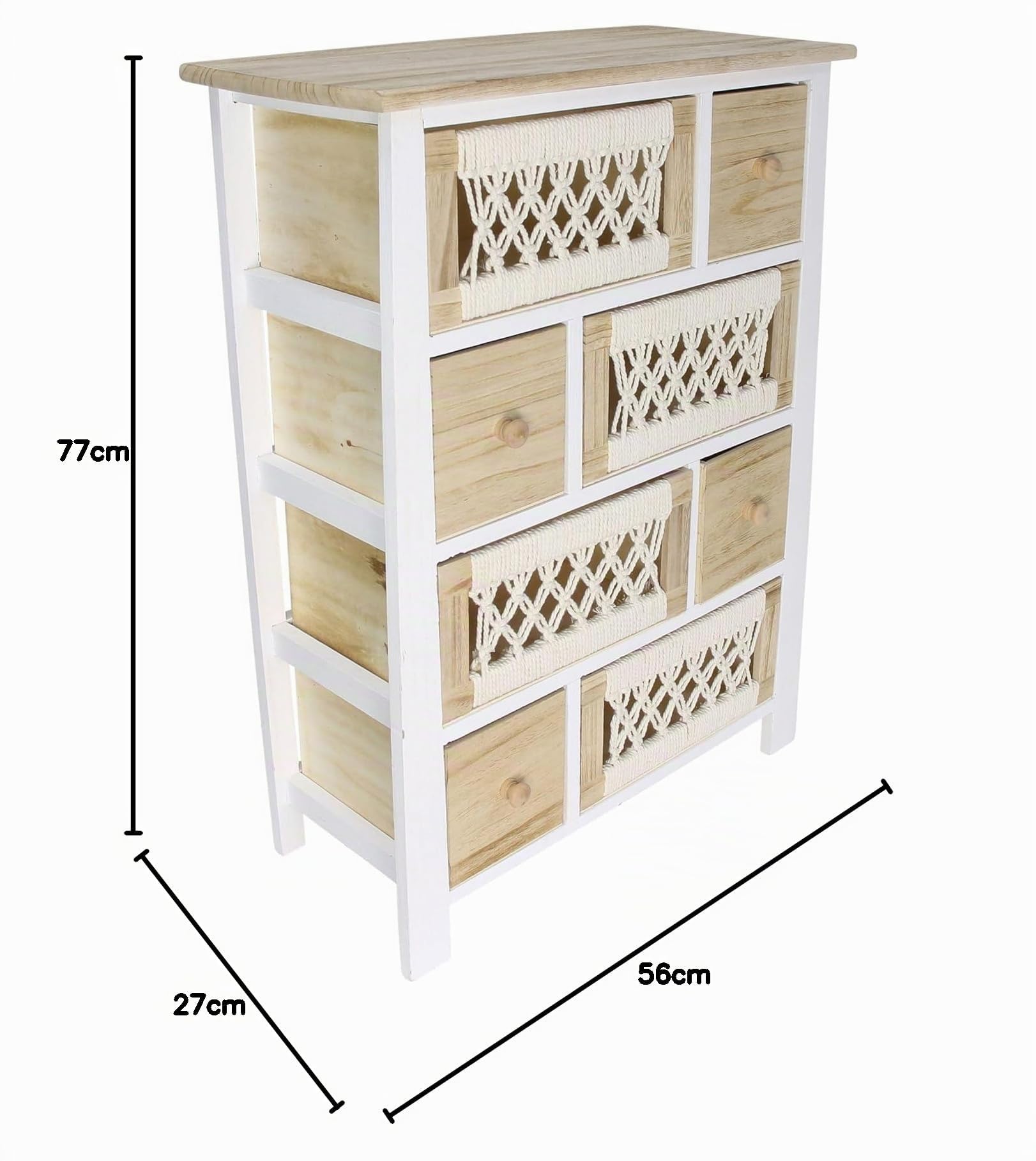 Dekoleidenschaft Kommode Makramee aus Holz & Textil, 56 x 77 cm, 8 Schubladen, Schubladenkommode Boho Chic, Holzkommode, Schubladenschrank, Flurkommode, Nachtkommode, Nacht-Schränkchen, Flurschrank