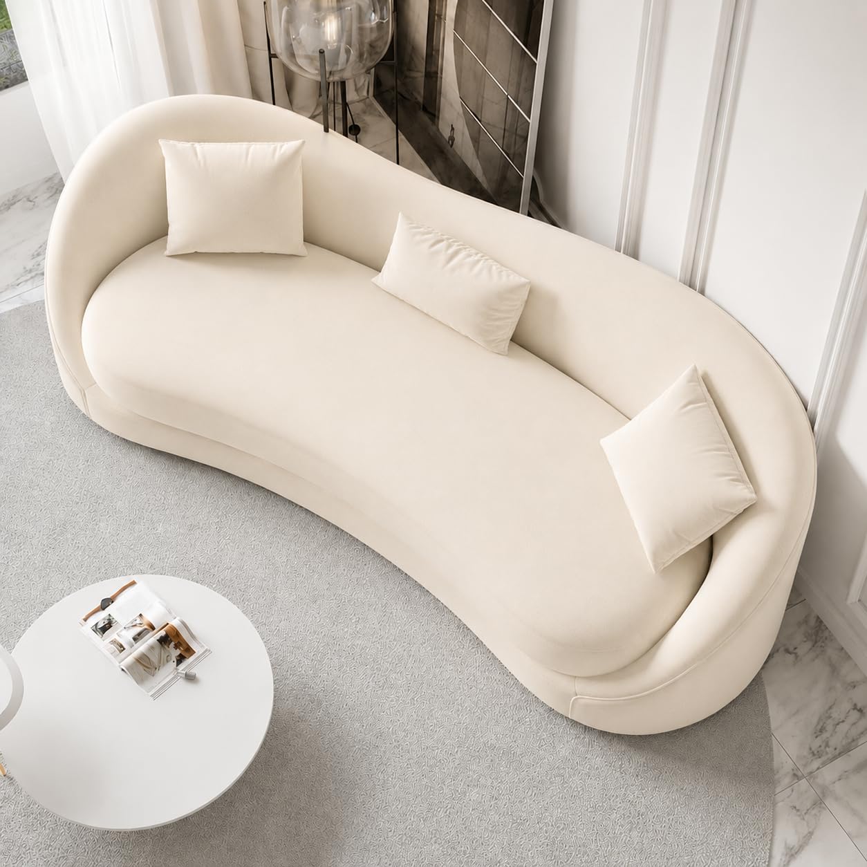 Antique Wood Hub Modern Velvet Curved 3 Seater chesterfiled Sofa (Off White)-image-7