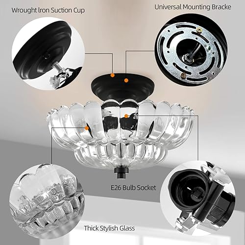 Miniatura 3 de Luces de Techo Montaje Semi Empotrado Luz de Techo, Luz de Techo Moderna Negra con Vidrio Blanco, Accesorio de Luces de Techo Adecuado para