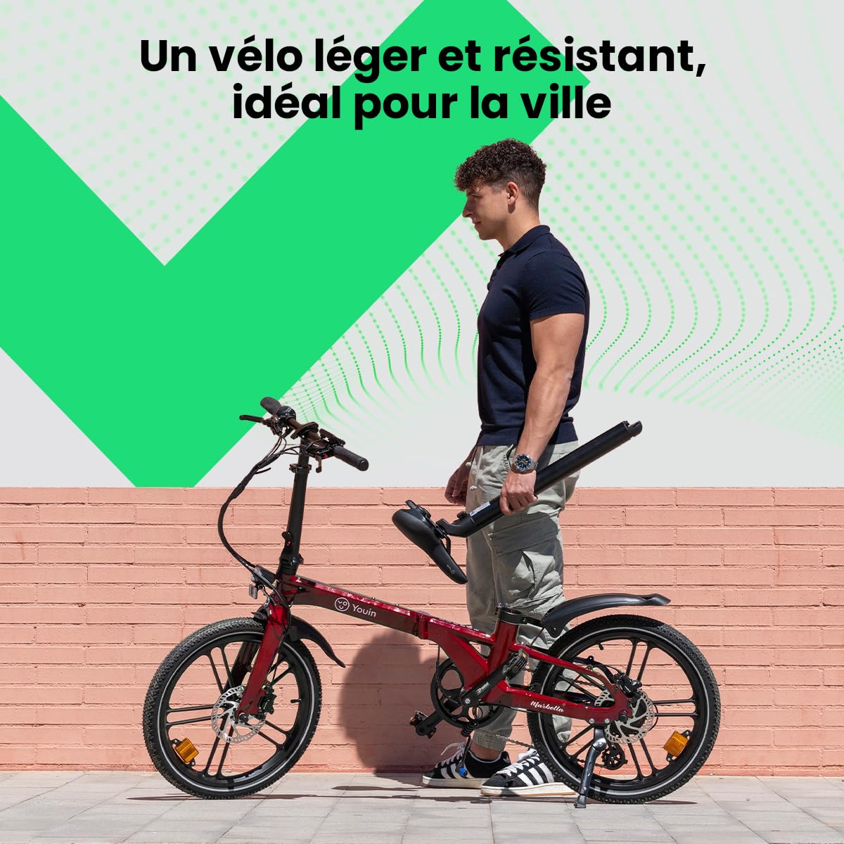 Youin Marbella Vélo électrique Pliant Urbain Rouge 20 Pouces Moteur 250W Batterie intégrée 36V autonomie 40 km Freins hydrauliques 7 Vitesses léger Compact.