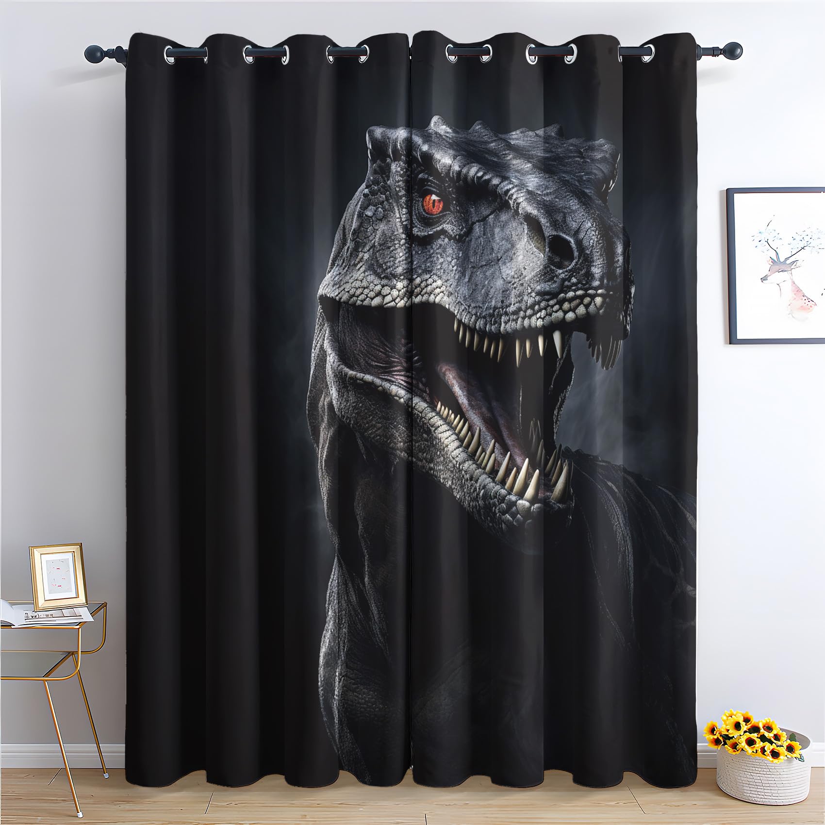 Vorhänge Dinosaurier Muster - Kinder T-Rex Dino Fenster Gardinen mit Ösen, Vorhang Blickdicht Verdunklungsvorhänge Thermovorhang für Wohnzimmer Schlafzimmer Deko 2er Set, H 200 x B 140 cm G&-18