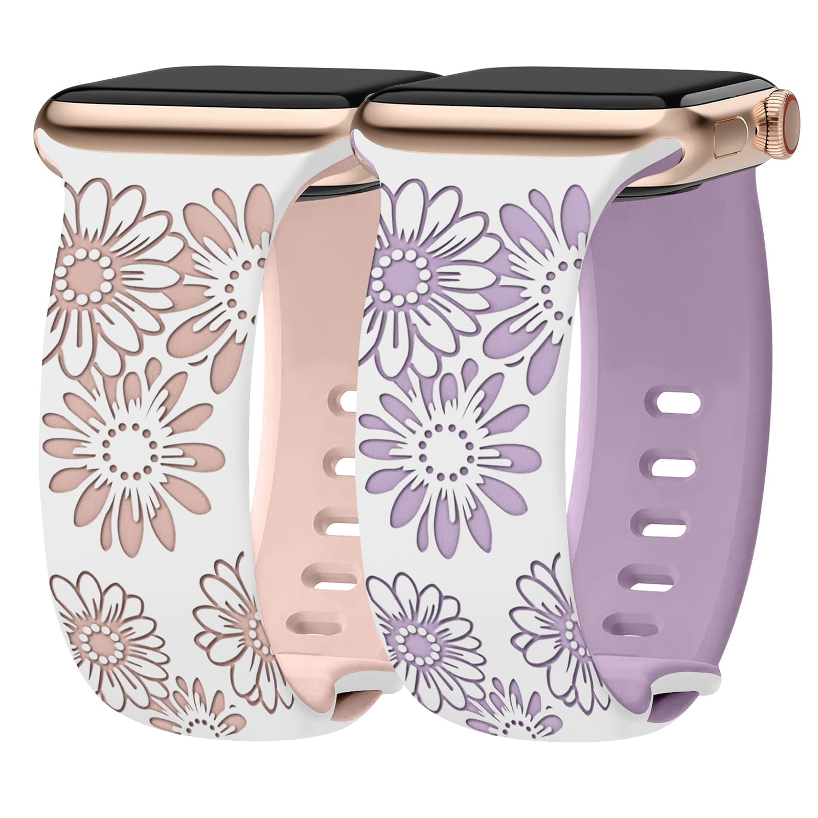 Kimiyaki 2 Pack Floral Engraved Bands for Apple Watch Band 38/40/41/42/44/45/46/49mm Women, Two-Tone Sun Flower Cute Soft Silicone Sport Strap for