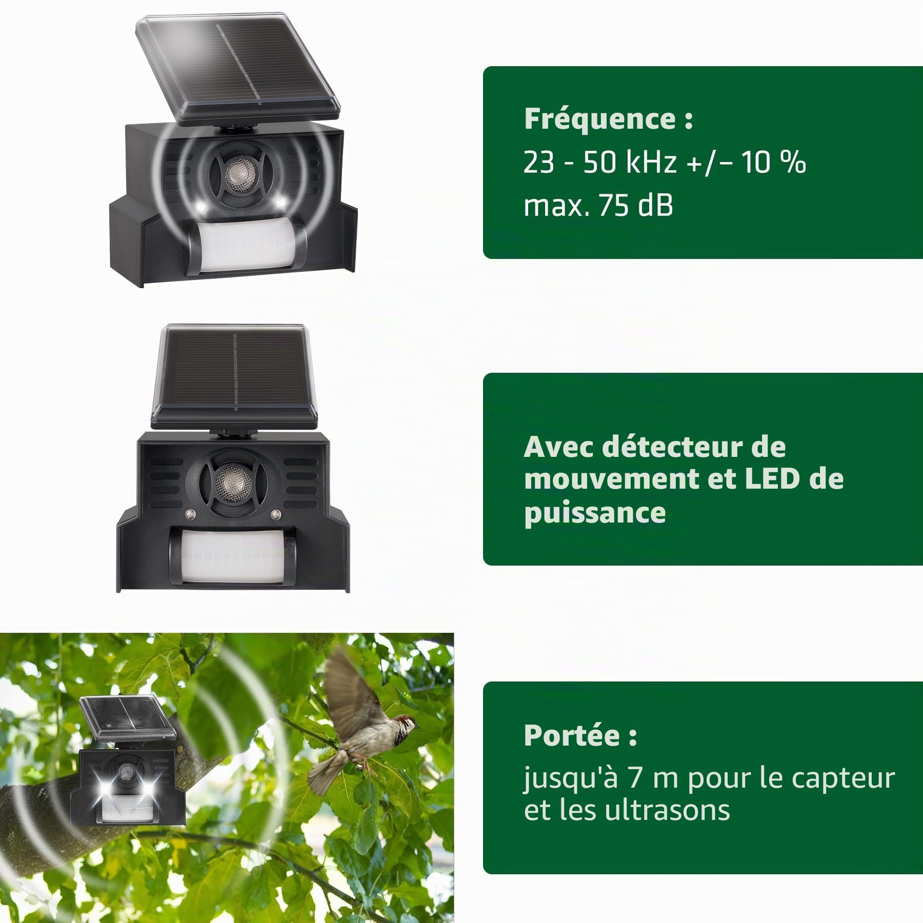 GARDIGO® Répulsif Solaire d'oiseaux à Ultrasons | Épouvantail Électronique avec Lumière Clignotante | 23-50 kHz | Portée de 110° et 7m | Effaroucheur pour Oiseaux et Pigeons pour Balcon et Jardin