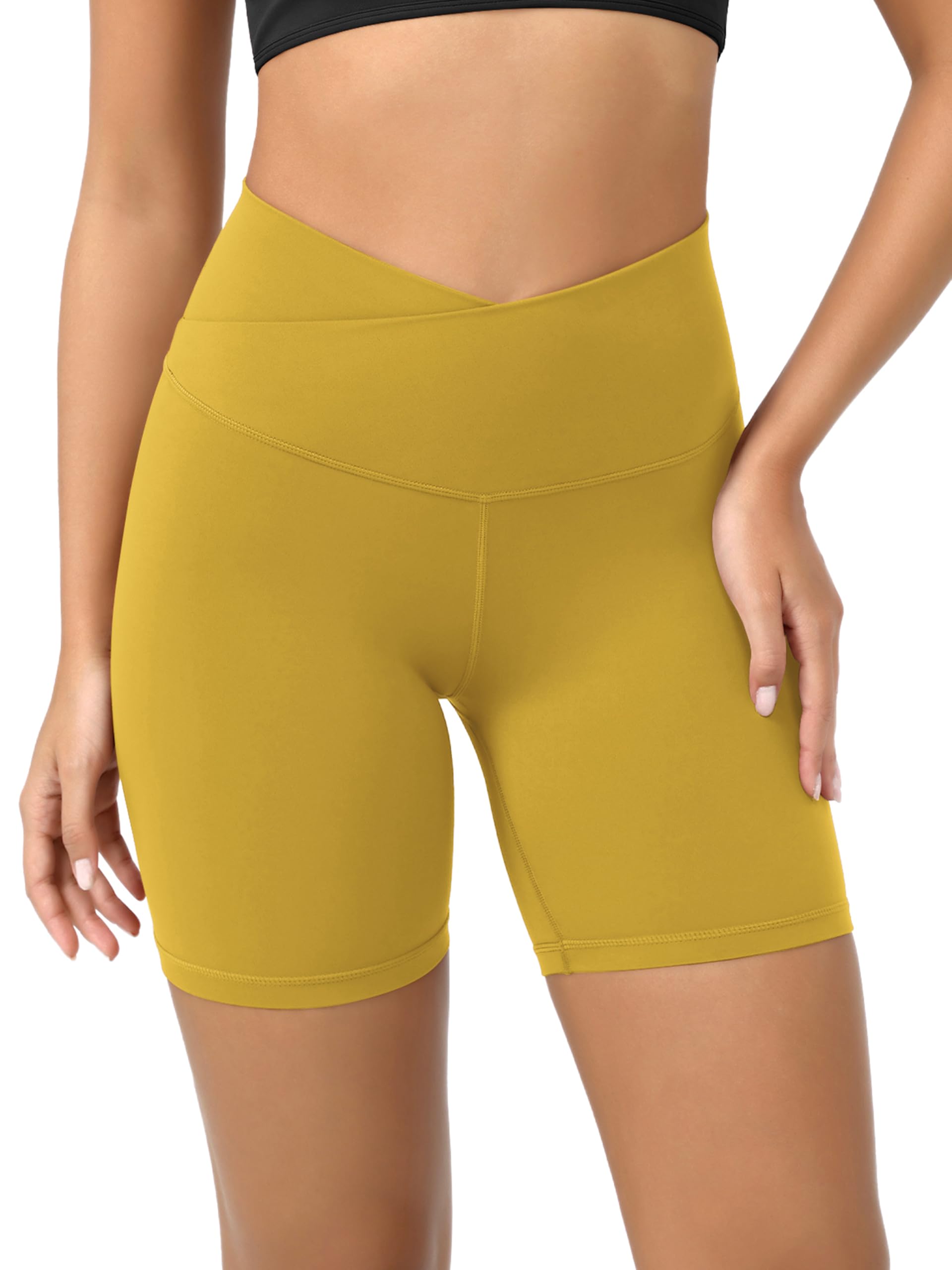 ODODOS Cloud Feeling Crossover Yoga Shorts with Back Pocket for Women, 6" / 8" V High Wasit Lounge Biker Shorts