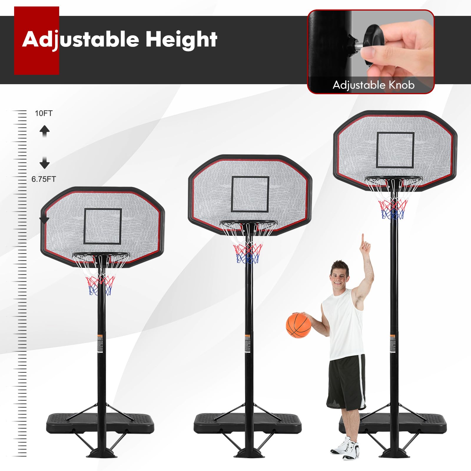 Panier de basket-ball portable avec hauteur réglable de 178 cm à 208 cm