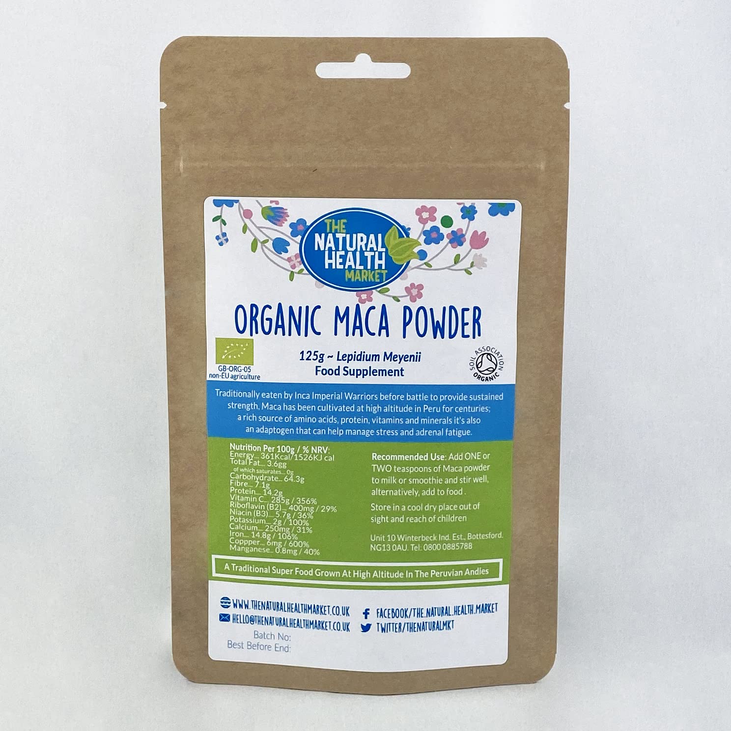Organic Maca Root Powder 125g by The Natural Health Market • Grown at High Altitude in Peru • Soil Association Certified Organic