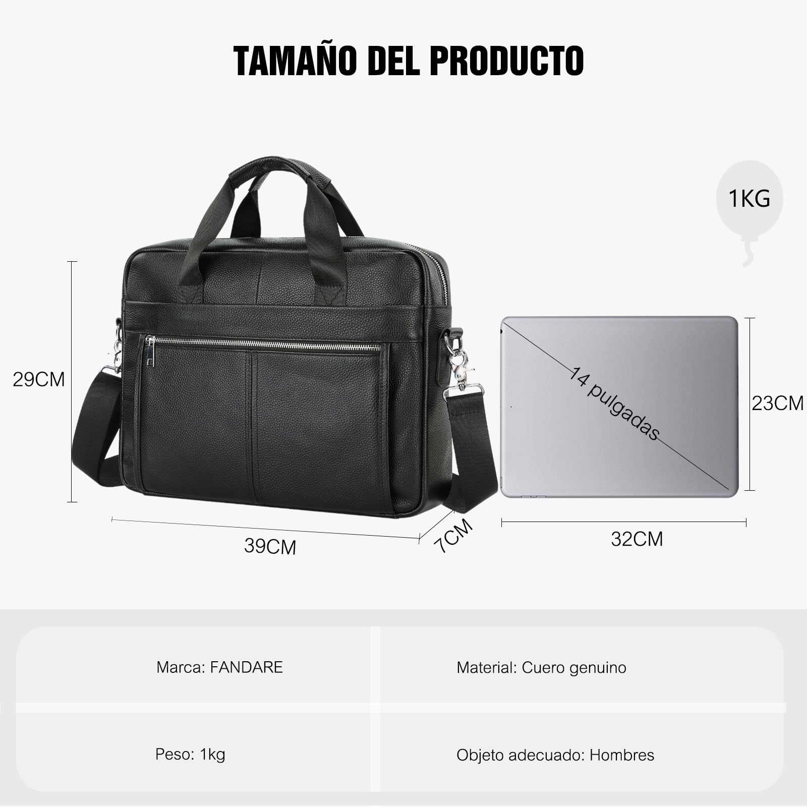 FANDARE Retro Hombre Maletin Funda PC Portatil 14 Pulgadas Regalo Portadocumentos Maletín de Cuero Impermeable Bolsos de mano Bolso Trabajo Bandolera para Portátil Mensajero Negocios