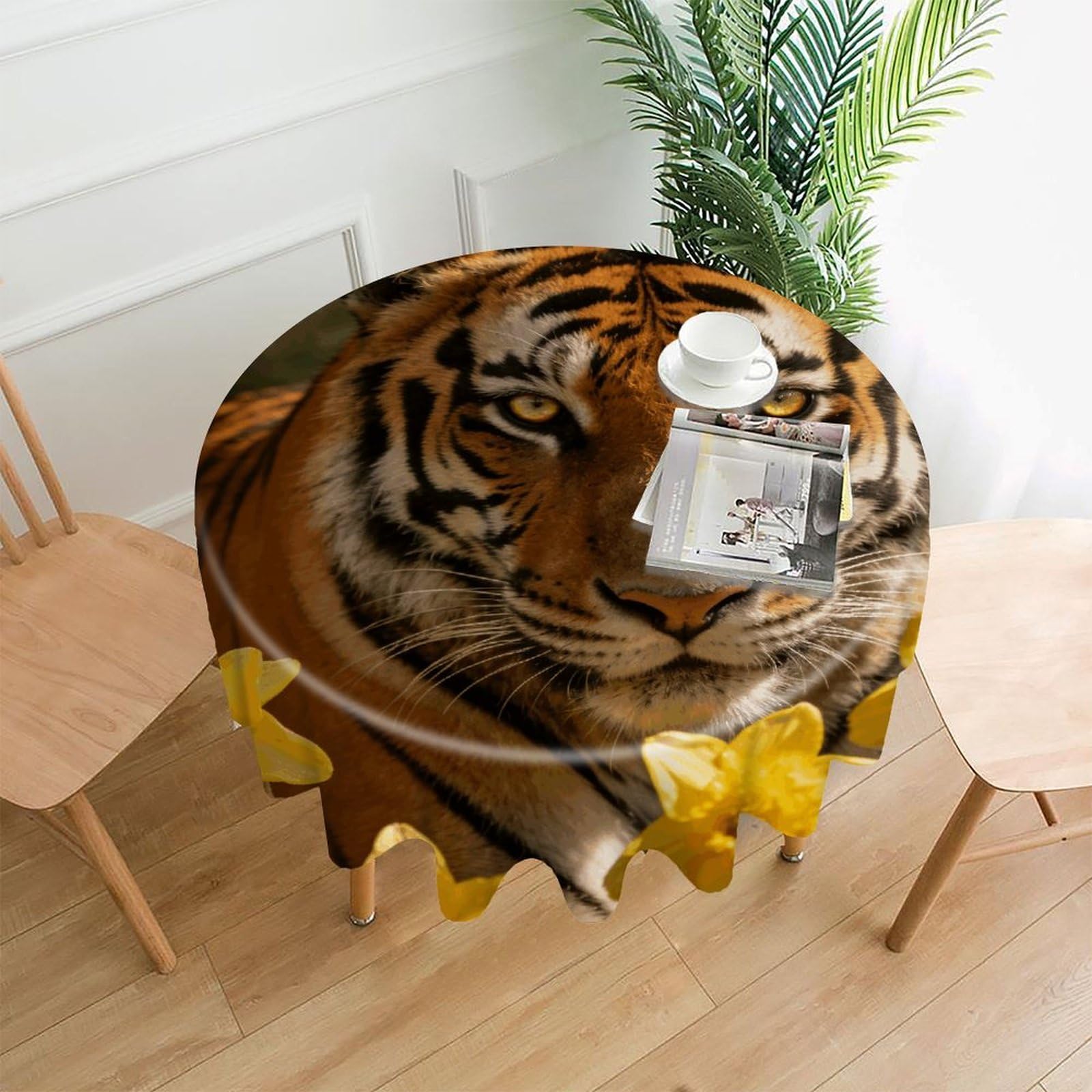 LZQPOEAS Tigers and Yellow Flowers Tablecloth Easy to Clean Polyester Round Table Cover Washable Round Table Cloth Wrinkle-Free Circle Decoration Tablecloth for Kitchen and Dining Room 60"