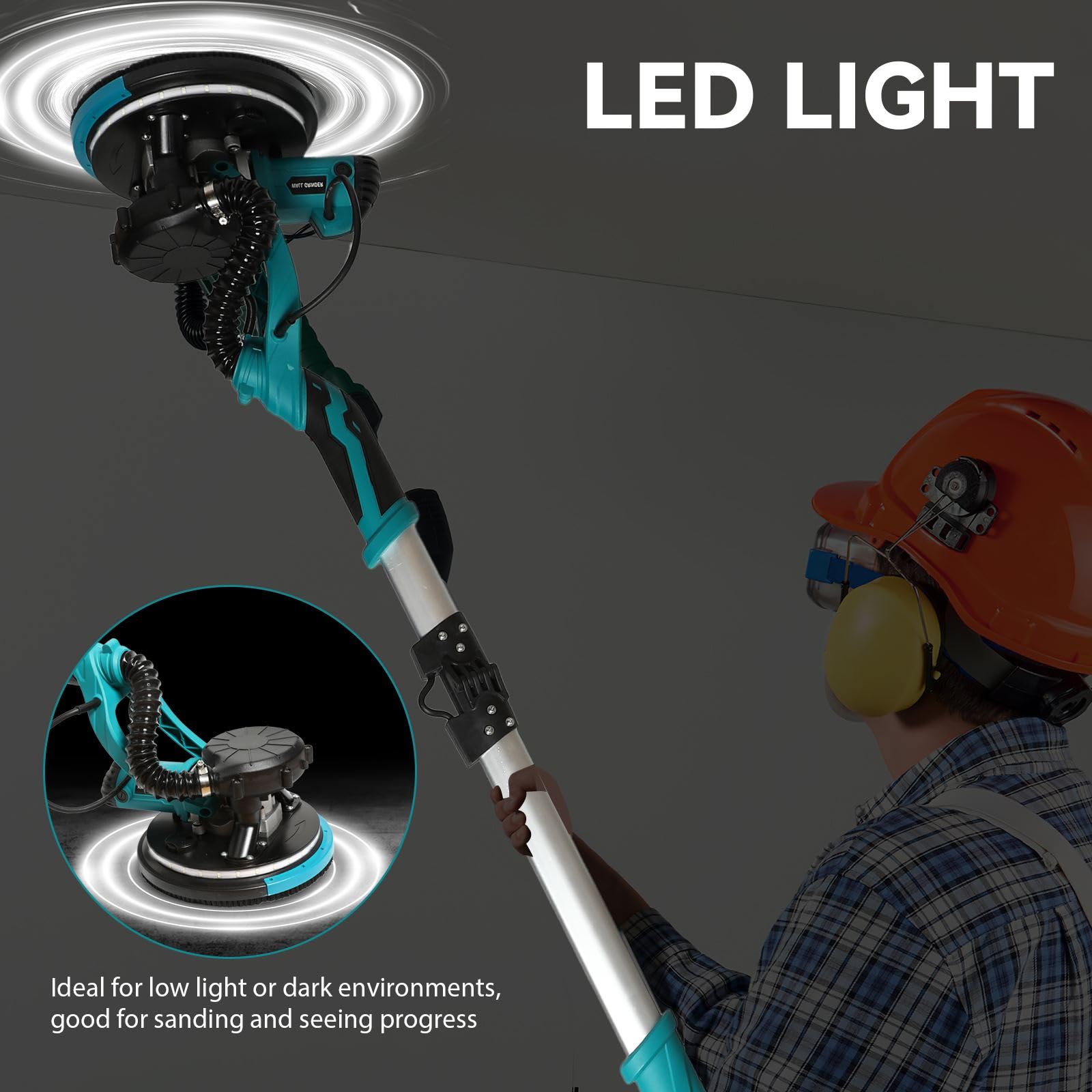 Lijadora de pared plegable, 1250 W, 5 velocidades (800-1800 RPM), aspiradora integrada, luz LED, mango telescópico, 4 m, cable, 6 hojas de papel de lija incluidas
