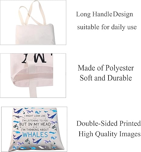 Miniatura 7 de CMNIM Bolsa de mano de ballena, regalos divertidos de ballenas para amantes de las ballenas, bolsa de lona I Might Look Like I'm Listening Thinking