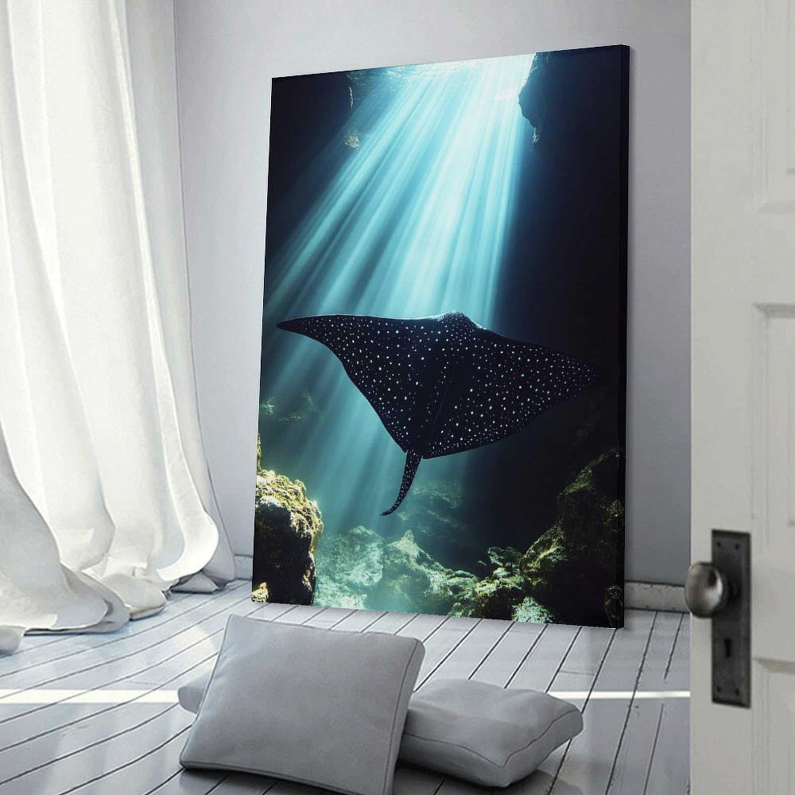 Junmoney Spotted Eagle Ray Underwater Canvas Wall Art 20x30inch(50x75cm), for Workspace Walls, Study Corners Or Bedrooms, Wall Art That Adds Style to Work Areas