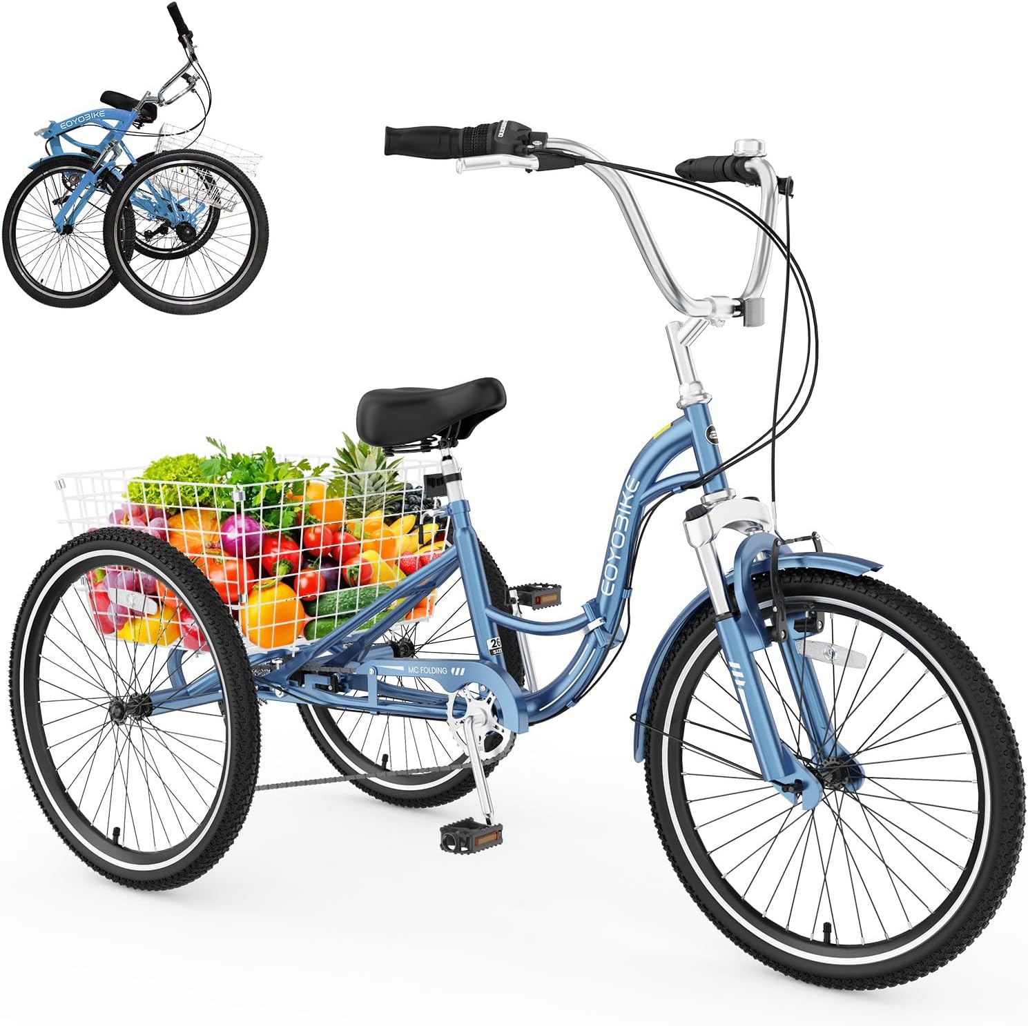 Adult Folding Tricycle, 7-Speed 3-Wheel Cruiser Bike with Low Step-Through Frame, Large Rear Basket, Adjustable Seat, 20/24/26 Inch Options