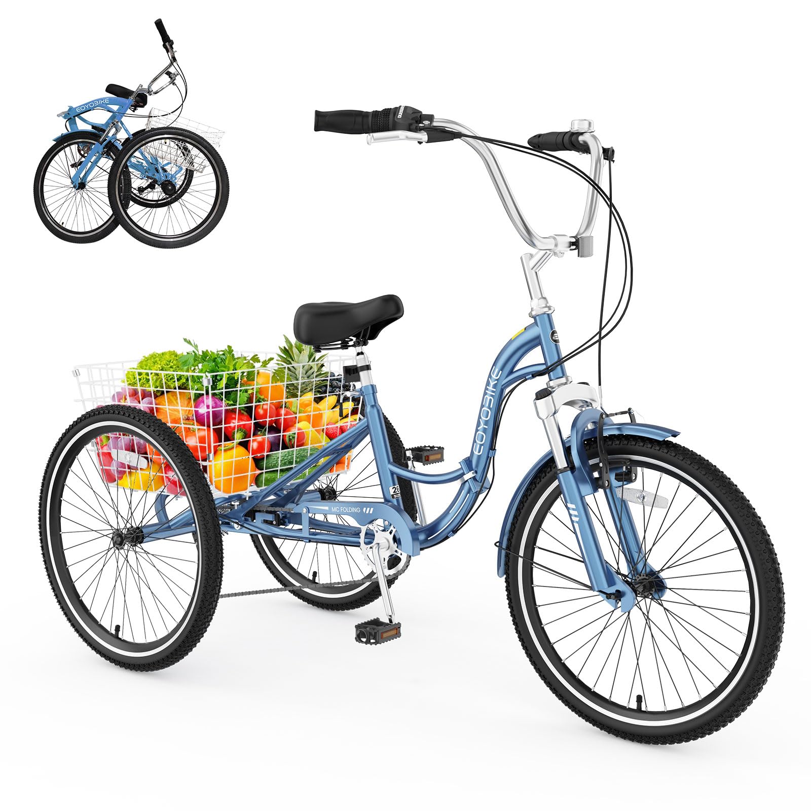 Amazon.com : EOYOBIKE Adult Folding Tricycle, 7-Speed 3-Wheel Cruiser Bike  with Low Step-Through Frame, Large Rear Basket, Adjustable Seat, 20/24/26  Inch Options (Frosted Blue, 20 Inch) : Sports & Outdoors