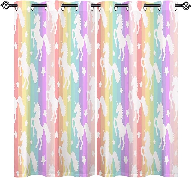 ANHOPE White Unicorn Curtains Eyelet Thermal Insulated 80% Blackout Curtains with Rainbow Colorful Stripe Print Pattern Room Darkening Window Drapes for Kids Girls Bedroom 46 x 54 Inch Drop 2 Panels