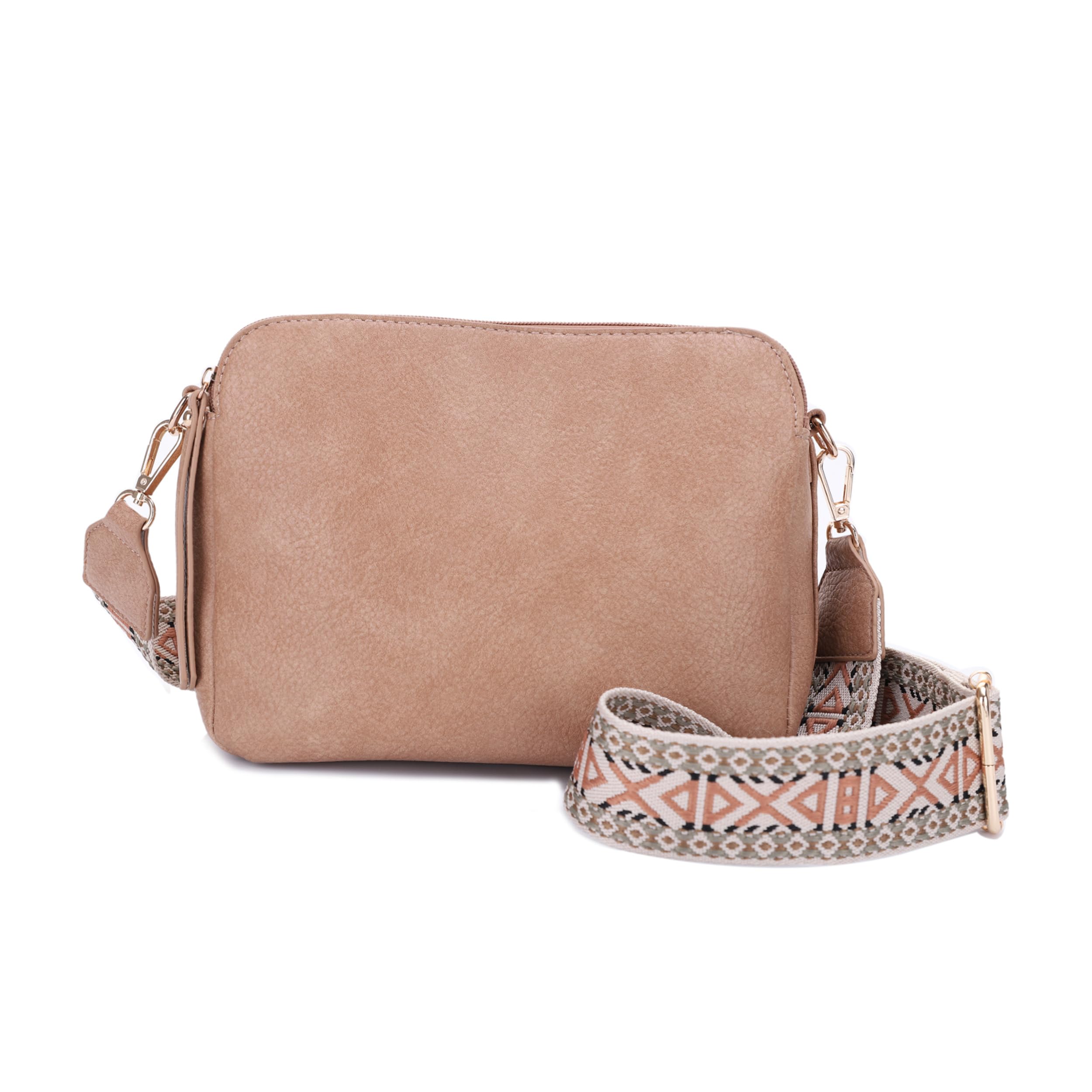 JESSIE & JAMES Rebecca Triple Compartment Lock and Key Lightweight Crossbody Purse with Guitar Strap Taupe