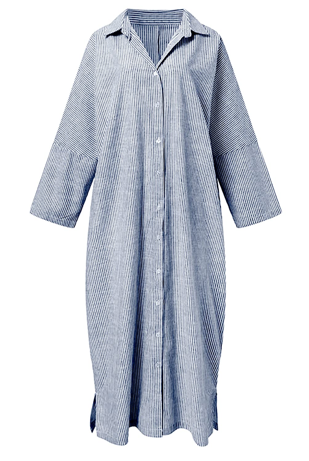 utcoco - Maxi abito a camicia da donna a maniche lunghe, a righe, casual, con bottoni, in cotone, vestibilità ampia