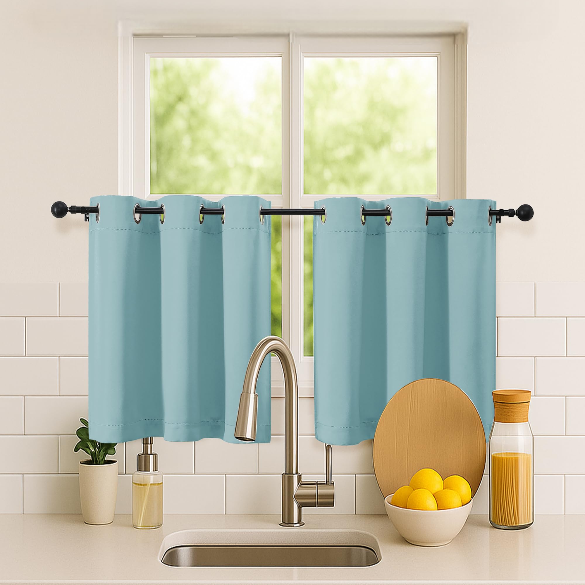 Simplebrand Aqua Short Kitchen Curtains 24 Inch Length 2 Panels Set, Small Windows Room Darkening Curtain for Bathroom, Cabinet, Basement, RV Camper, Thermal Insulated Short Drapes, 40 x 24 Inch