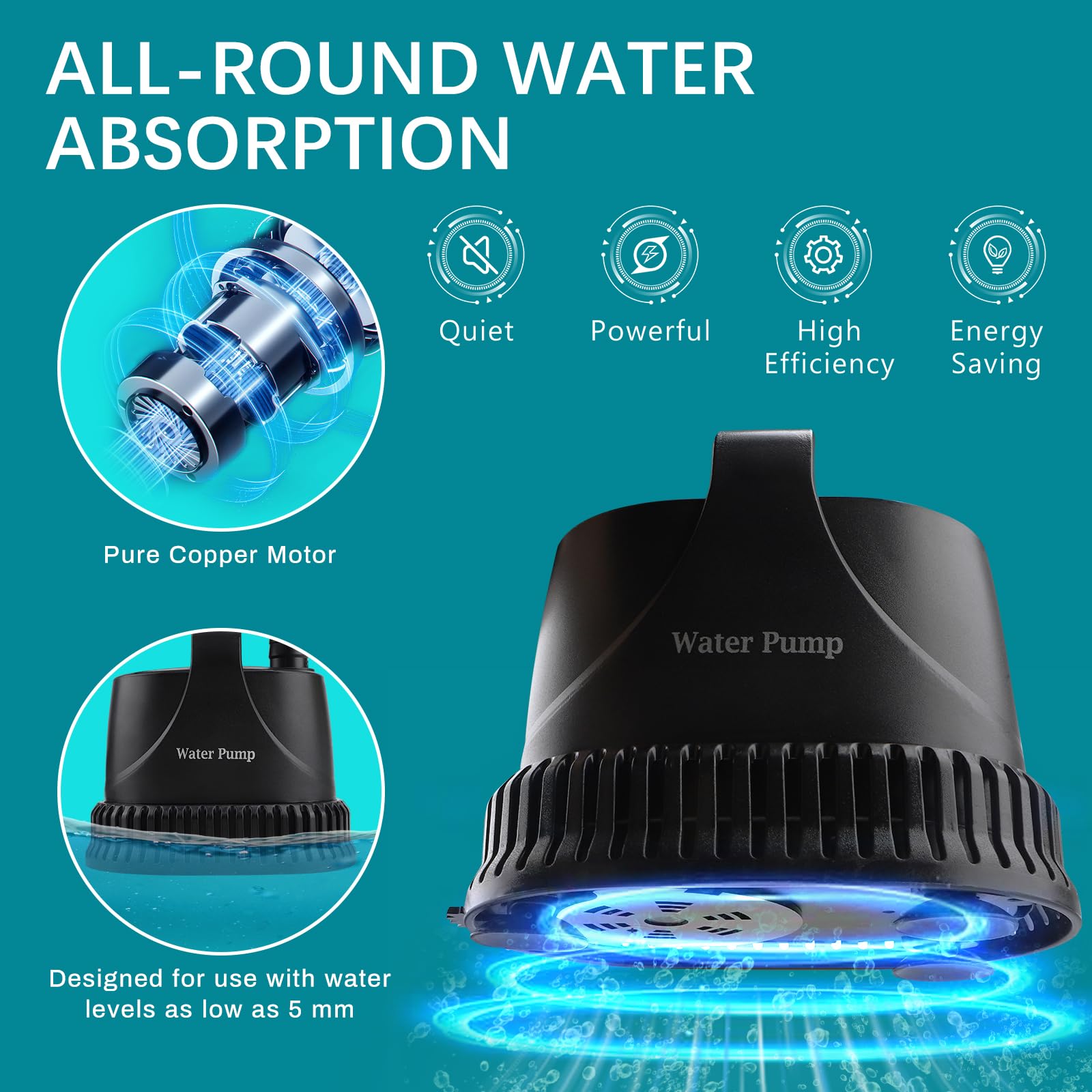 EXLECO Mini Wasserpumpe Tauchpumpen Max. 800L/H 15W Förderpumpe Aquarium Pumpe Fontäne Pumpe Springbrunnen Filterpumpe mit 2M Kabel 2 Düse Schlauch für Teich Brunnen Gärten Schwarz