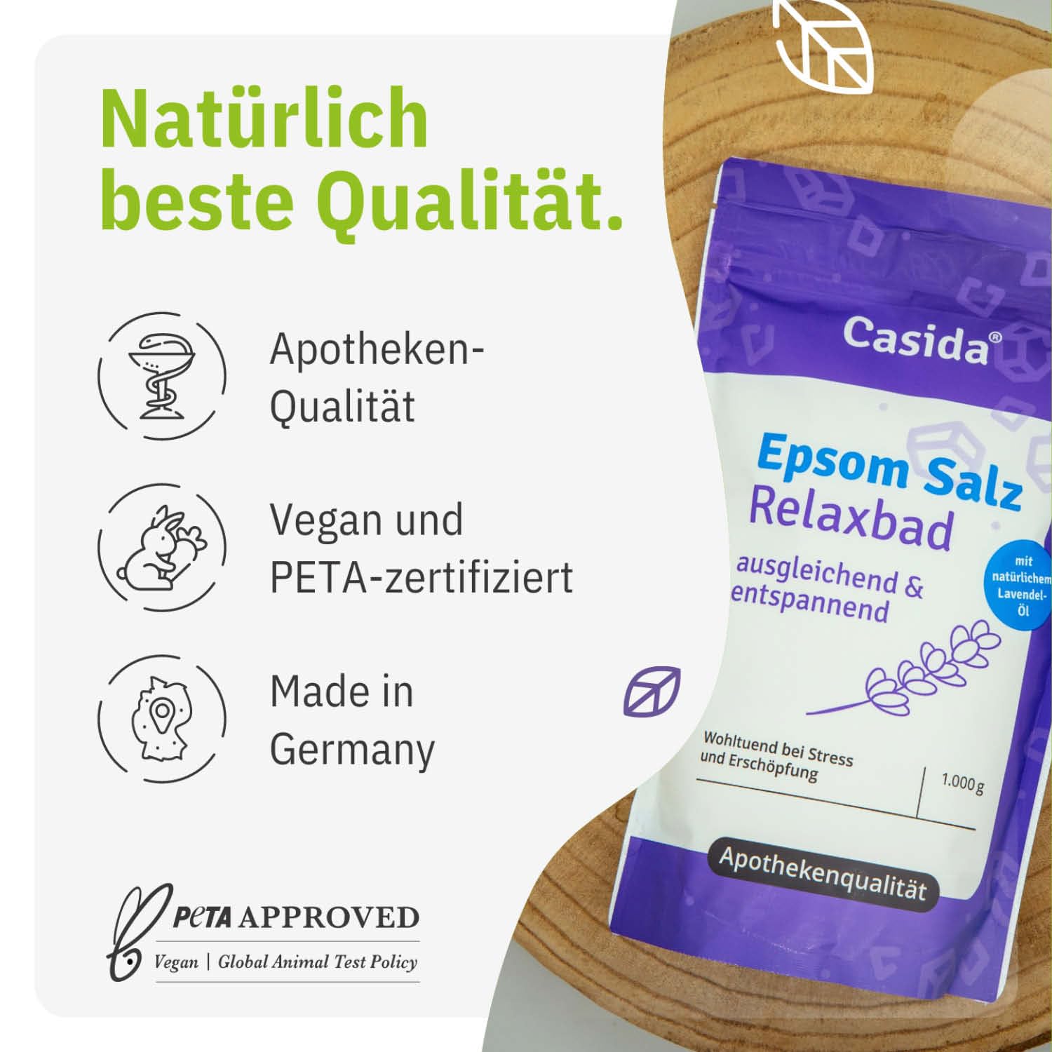 Casida® Kąpiel Relaksacyjna z Sólą Epsom i Lawendą - sól gorzka/Sól Epsom (siarczan magnezu) z naturalnym olejkiem lawendowym/lawendą - kąpiel odprężając - jakość apteczna - 1000 g